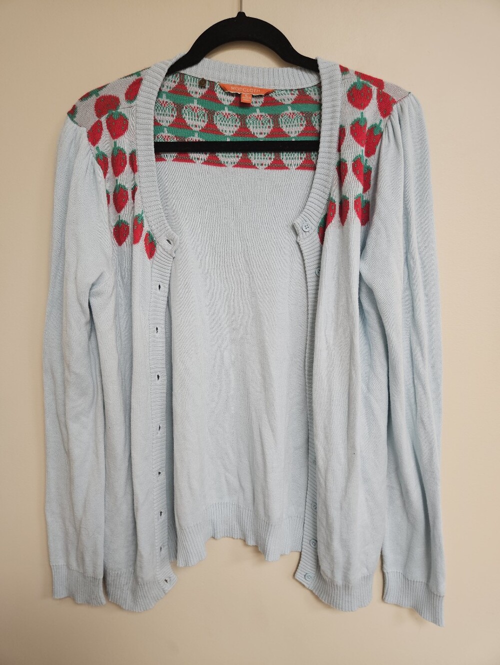 ModCloth Strawberry Sweater Cardigan Cotton Modal Light Blue Fruit Size Large